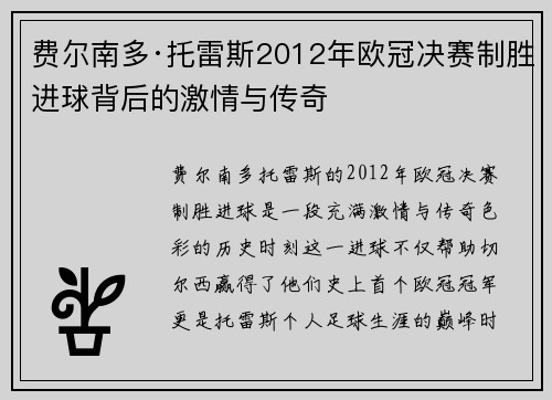 费尔南多·托雷斯2012年欧冠决赛制胜进球背后的激情与传奇