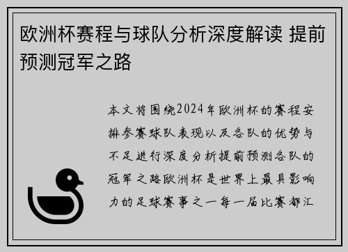 欧洲杯赛程与球队分析深度解读 提前预测冠军之路